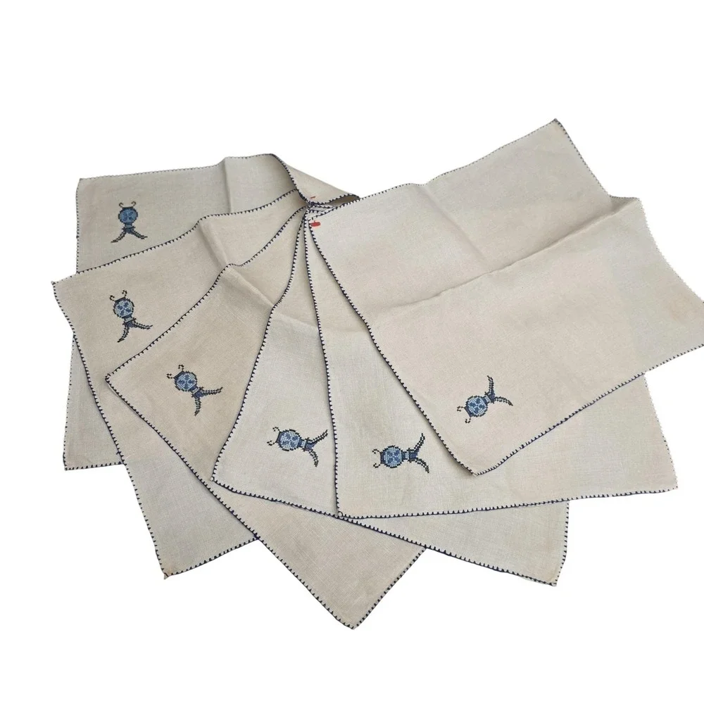 Linen Embroidered Pomegranate Beetle Napkins Set Of 8 Beige Blue Border Table
